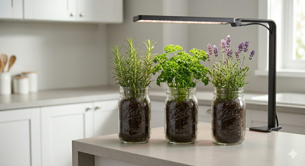 Three glass mason jar herb gardens (rosemary, parsley, lavender) on a counter under a sleek, modern black clip-on LED grow light arm.