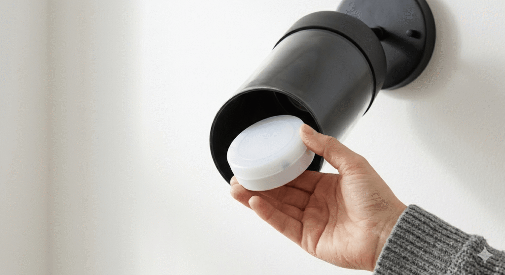 A detailed close-up showing a wireless LED puck light being placed inside a matte black wall sconce shade.