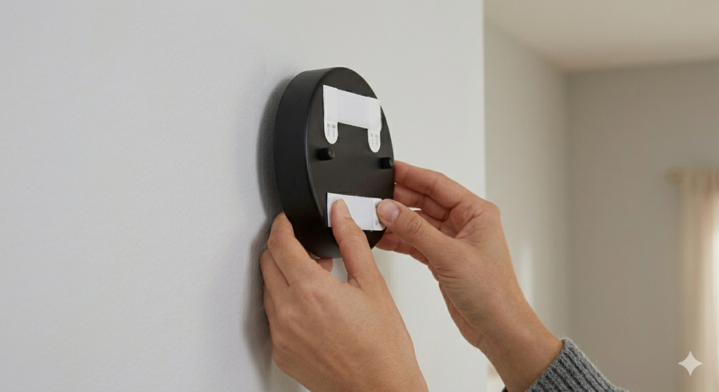 A person’s hands pressing a wall sconce base onto a white wall using large Command hanging strips.