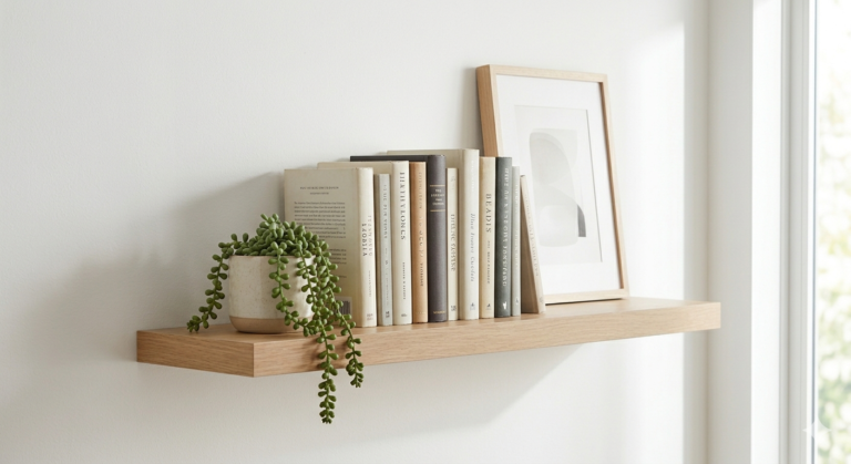 A modern light wood floating shelf styled with a stack of hardcover books and a succulent, mounted on white drywall in a bright apartment living room.