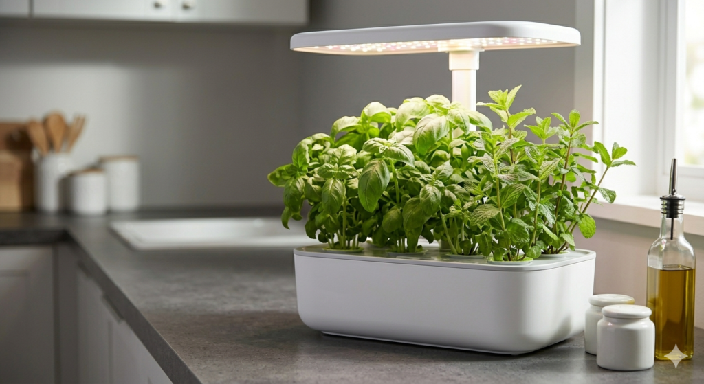 Close-up of a modern white smart hydroponic garden basin on a kitchen counter, growing healthy basil and mint under warm-white LED grow lights.