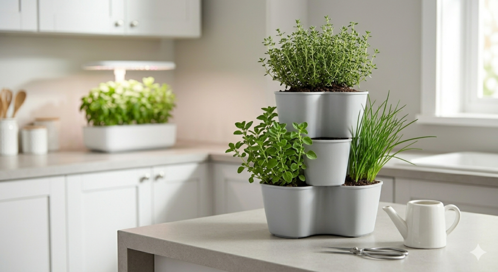A vertical three-tier grey stackable herb planter sitting in a kitchen counter corner, growing healthy thyme, oregano, and chives under natural light.