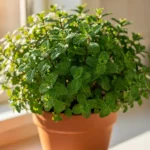Fresh green mint plant growing in a terracotta pot on a sunny kitchen windowsill