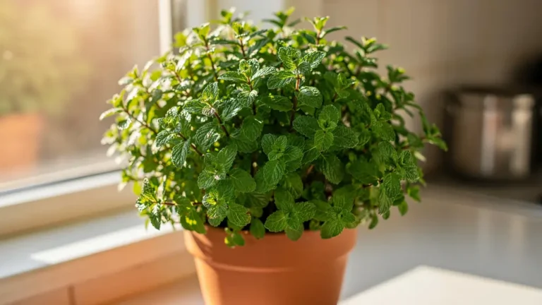 Fresh green mint plant growing in a terracotta pot on a sunny kitchen windowsill
