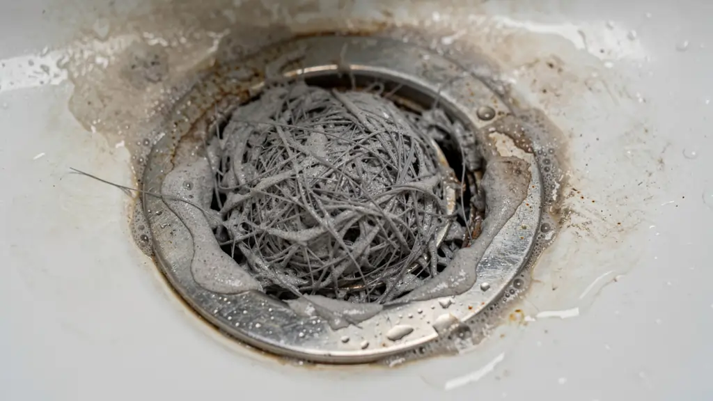 Hair and soap scum buildup in a bathroom drain causing persistent odour