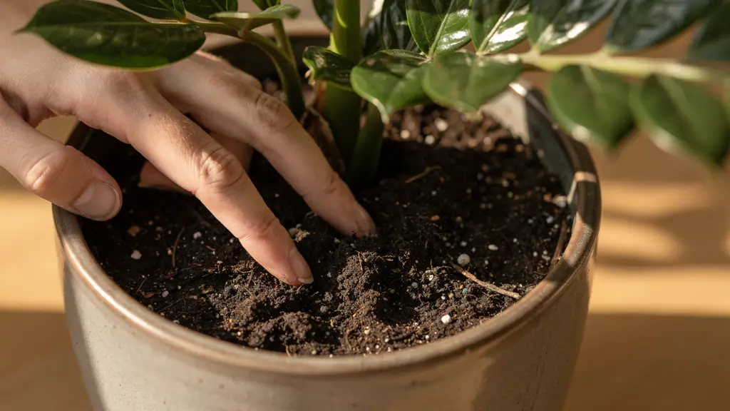 Hands pressing finger into ZZ plant soil to test moisture level