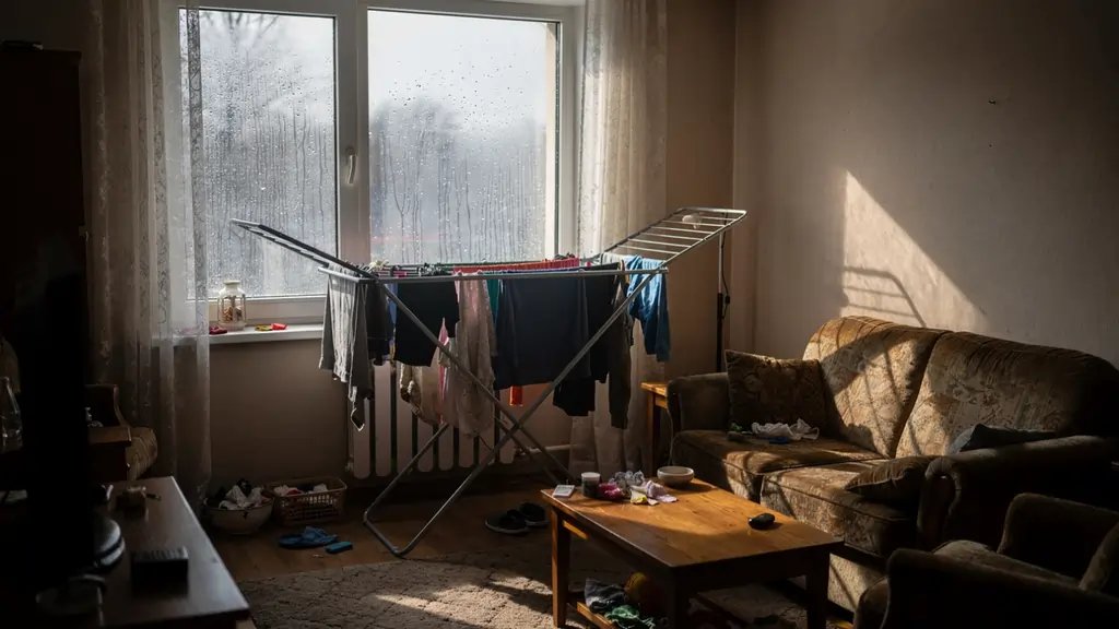 Laundry drying indoors near a window in a small apartment adding moisture to the air