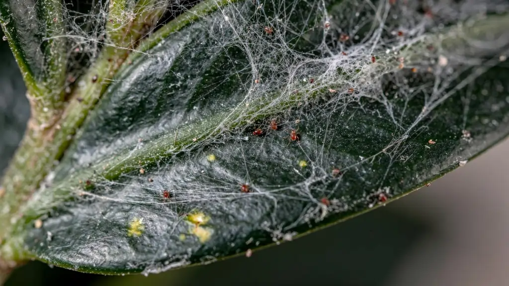 Macro close-up of spider mite webbing on the underside of a ZZ plant leaf