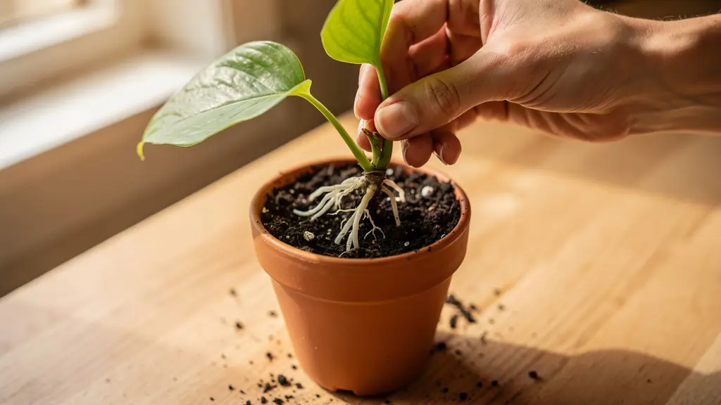 Pothos cutting with 2-inch white roots being transferred from water propagation into a small pot of soil
