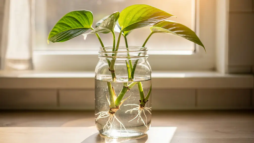 Pothos cuttings in a glass jar of water on a bright kitchen windowsill showing new white roots