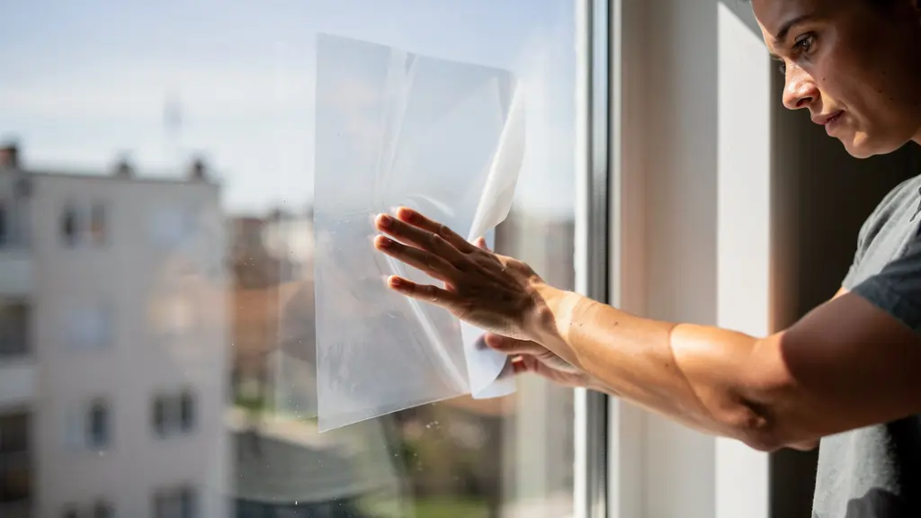 Renter applying transparent insulating window film to single-pane apartment window to reduce condensation