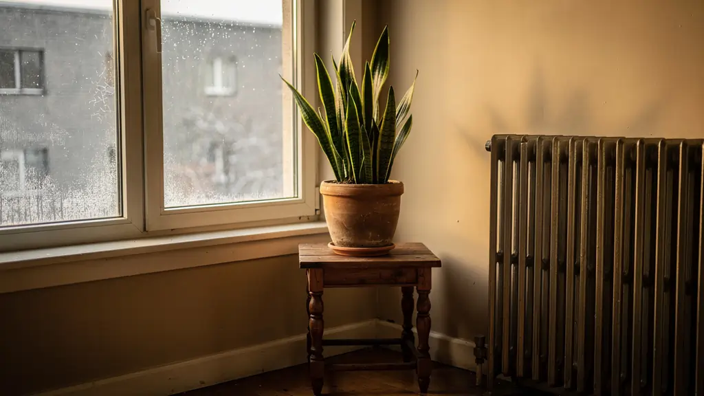 Snake plant placed away from a cold draughty window and away from a radiator in an apartment