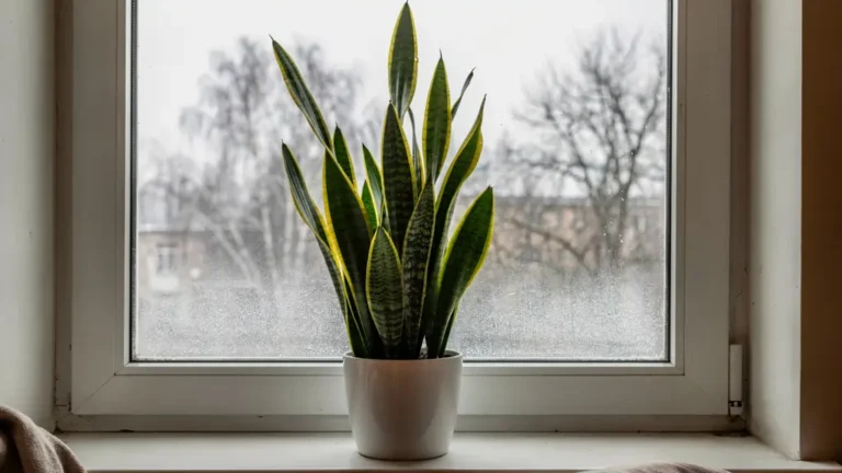 Snake plant with tall sword-shaped dark green leaves in a bright apartment window in winter