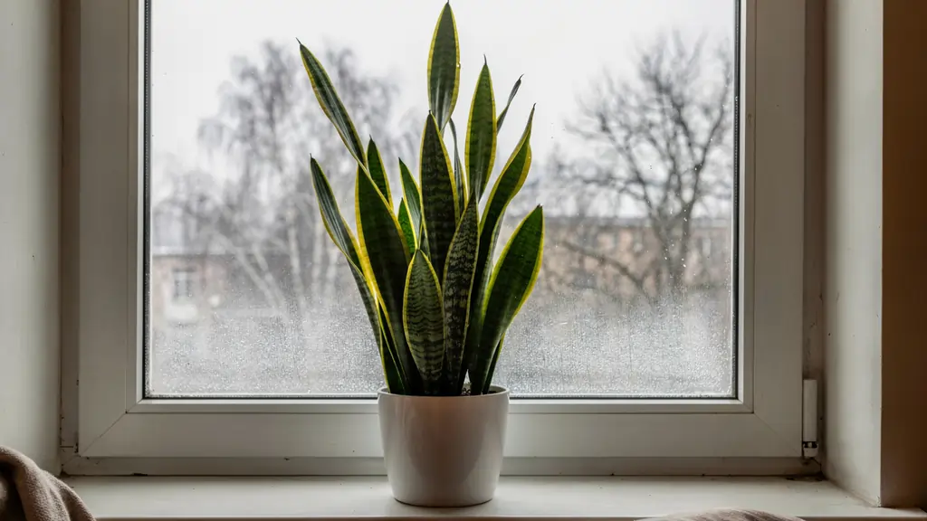 Snake plant with tall sword-shaped dark green leaves in a bright apartment window in winter