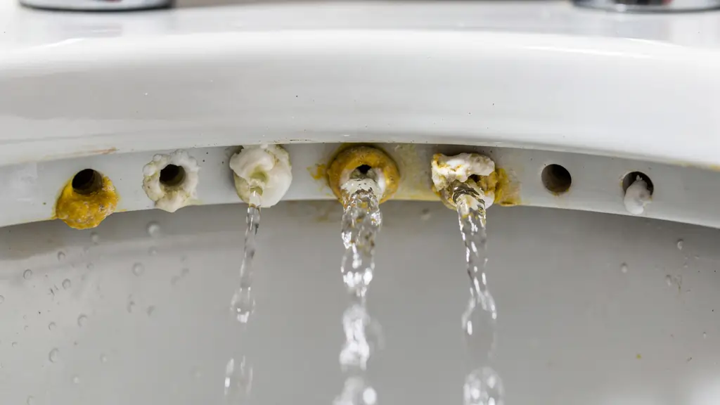Toilet bowl rim jets showing mineral buildup and clogging causing slow flush