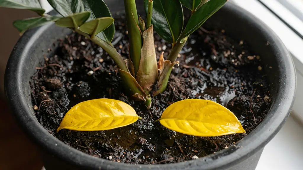 ZZ plant in dark ceramic pot with wet saturated soil and yellowing lower leaves