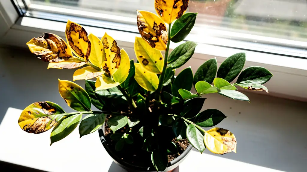 ZZ plant on a bright sunny windowsill with yellow and brown scorched leaf patches from direct sunlight