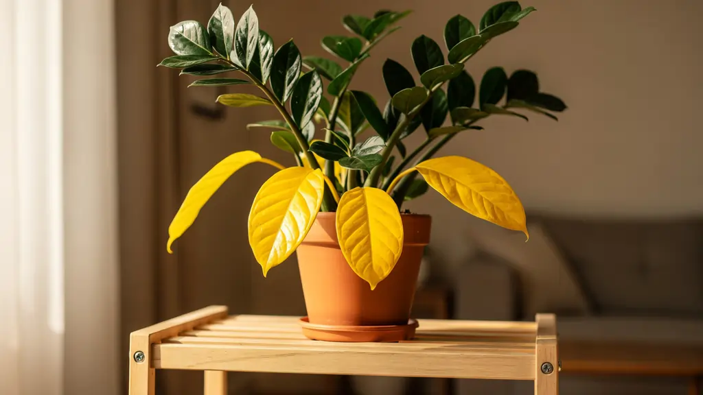 ZZ plant with yellow leaves on a wooden shelf in a bright apartment