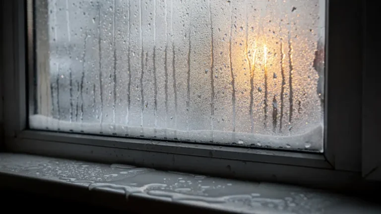 Heavy condensation dripping down an apartment window on a cold winter morning