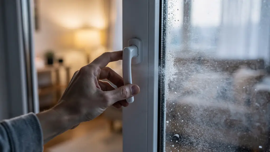 Person opening apartment window slightly in winter to ventilate and reduce condensation