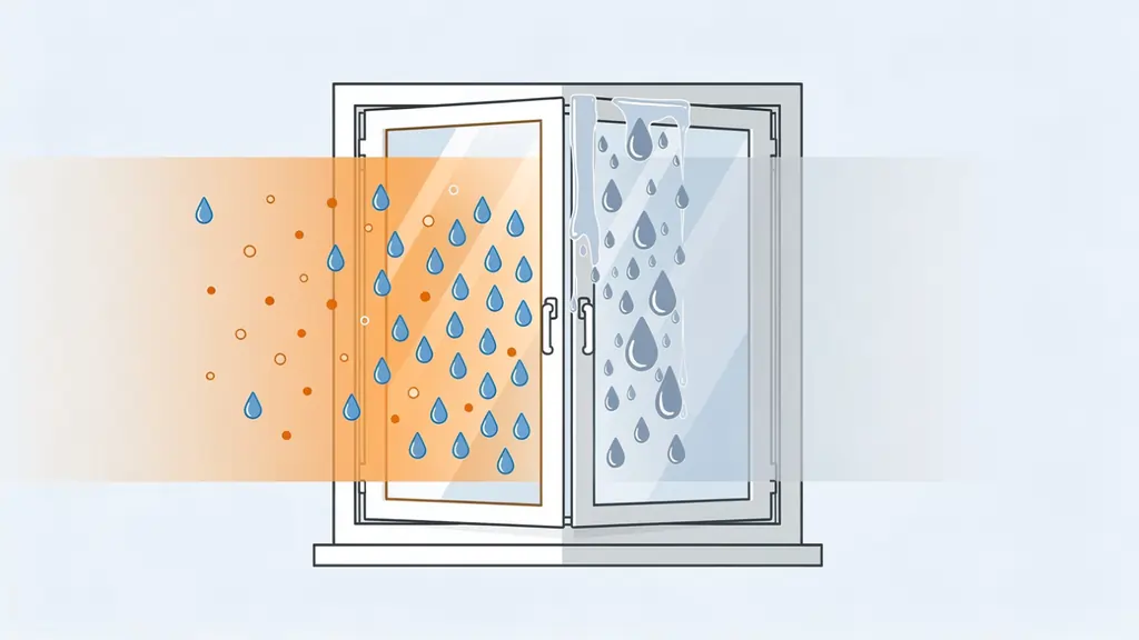 Diagram showing warm humid air hitting cold single-pane window glass causing condensation