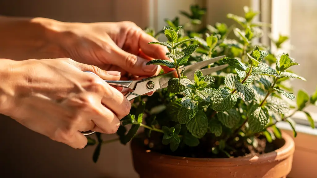 Hands pruning mint plant with scissors cutting stem tips to encourage bushy growth