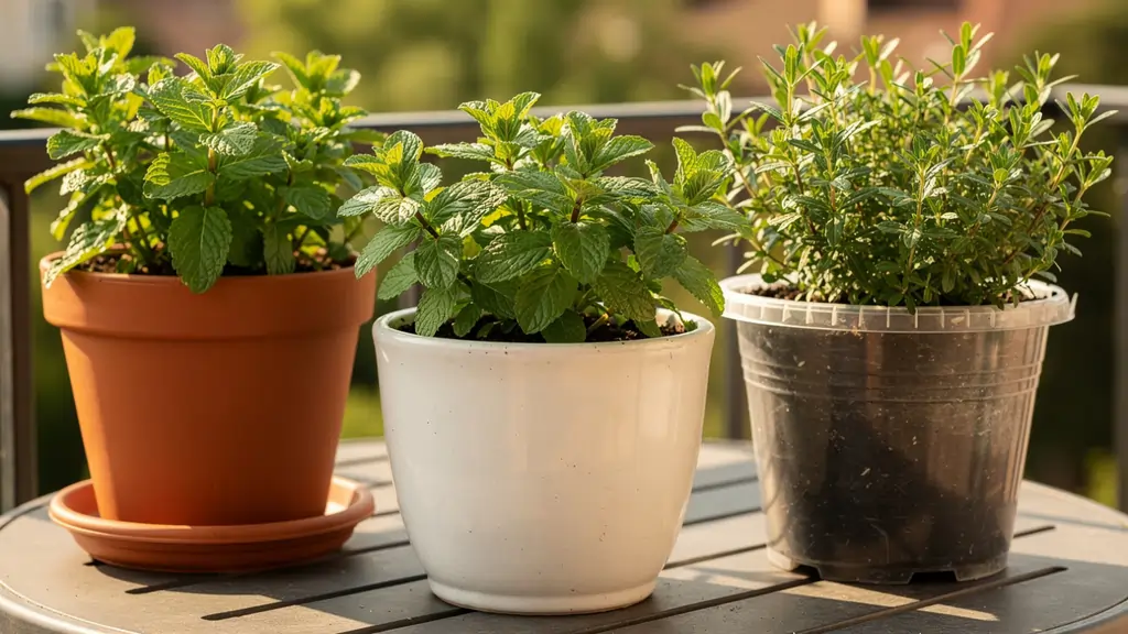 Selection of mint varieties in separate terracotta and ceramic pots on an outdoor table