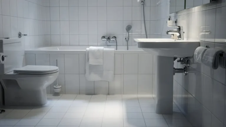 Clean-looking modern bathroom with fresh towels but a persistent odor problem
