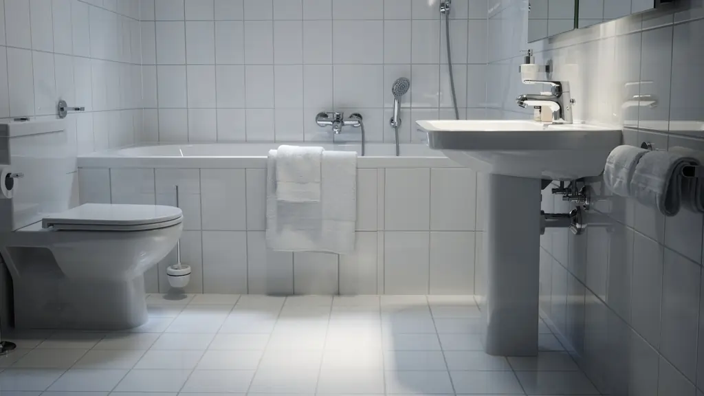 Clean-looking modern bathroom with fresh towels but a persistent odor problem