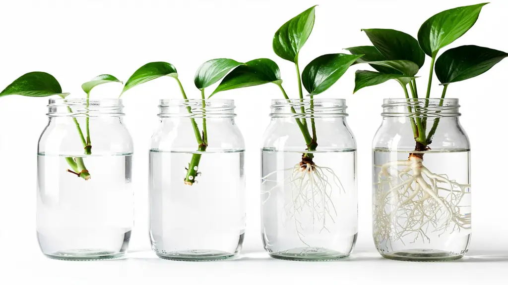 Week-by-week progression of pothos roots growing in a clear glass jar of water over four weeks