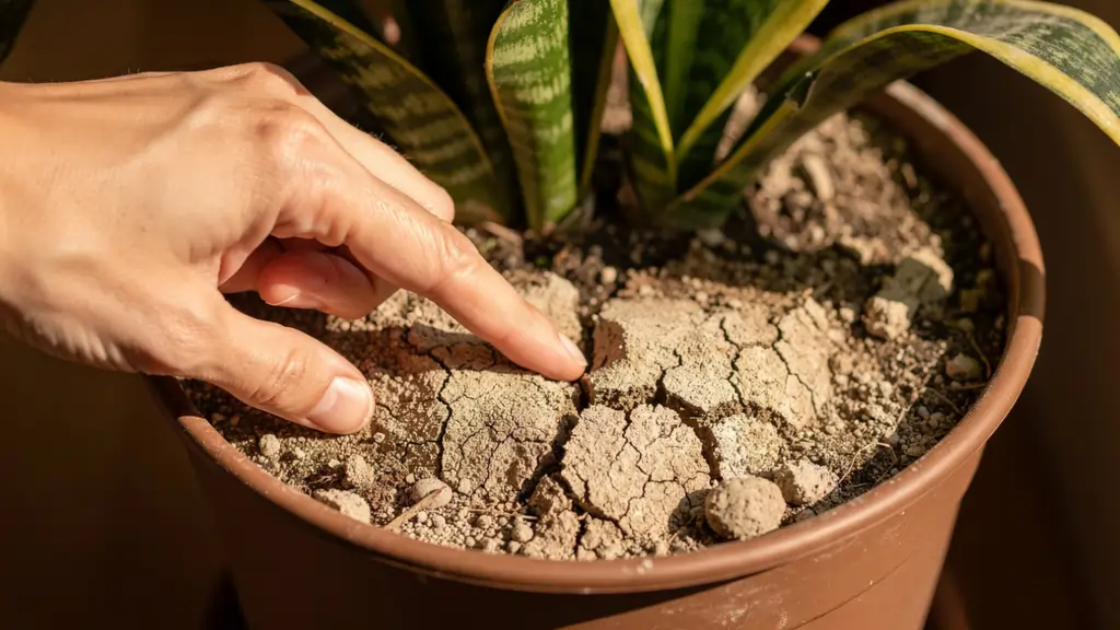 Person checking snake plant soil dryness with finger before watering in winter
