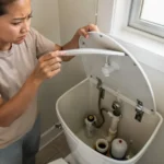 Person lifting toilet tank lid to diagnose a slow flushing toilet problem