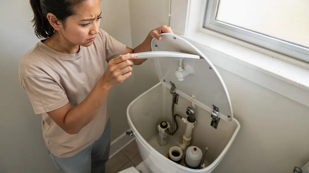 Person lifting toilet tank lid to diagnose a slow flushing toilet problem